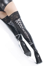 Cargar imagen en el visor de la galería, D1732 BLACK PLEATHER LACE STOCKINGS by Coquette
